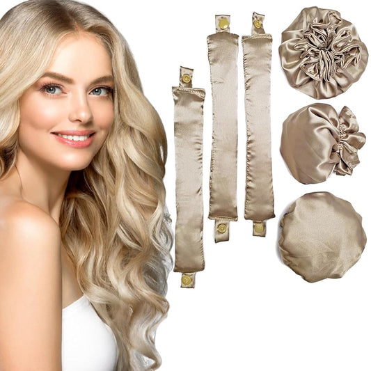 3Sets/6PCS Ariuvor New Satin Heatless Hair Curler,Hair Rollers for Heatless Curls with Hair Caps,Soft Heatless Curling Rod Headband for All Hair Types,No Heat Curling to Sleep in Overnight (3-golden)
