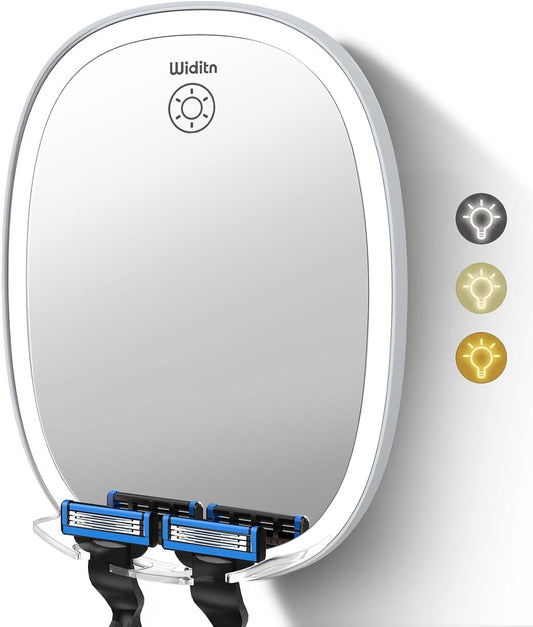 Widitn Shower Mirror Fogless for Shaving with LED, Adjustable Shaving Mirror with Razor Holder, 3 Colors Dimmable Lighting, Wall-Mounted, Shatterproof Anti-Fog Bathroom Shower Mirror for Man